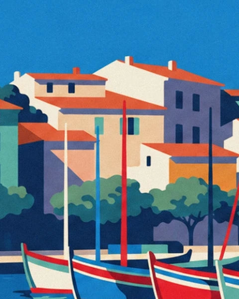 Façades with turquoise shutters behind trees and multicoloured boats
