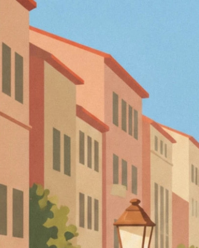 Die ockerfarbenen und rosa Fassaden mit grünen Fensterläden, mit einer Straßenlaterne neben den Häusern
