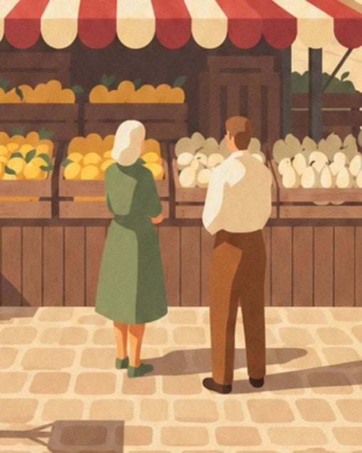 Eine Frau im grünen Kleid und ein Mann im hellen Hemd vor dem Obststand