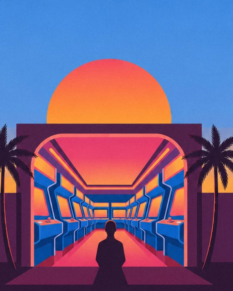 Neon arcade and setting sun poster: close-up detail