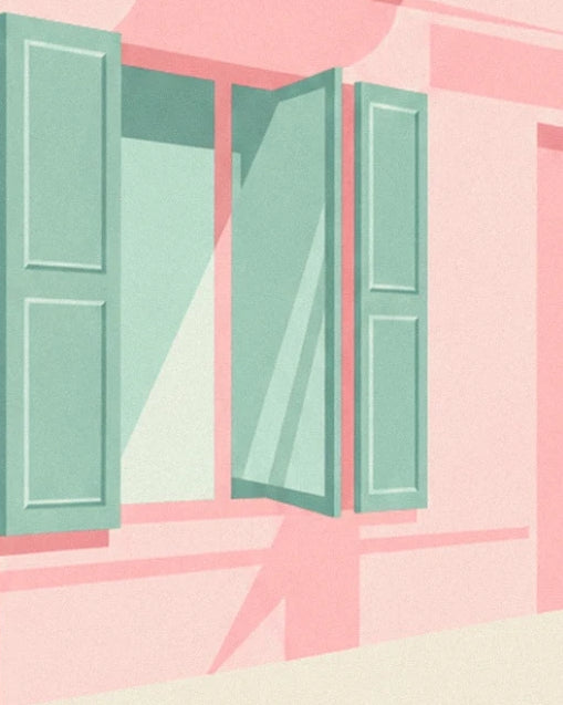 Das Fenster mit halb geöffneten grünen Fensterläden und deren Schatten auf der rosa Fassade