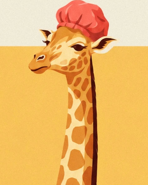 Die Giraffe mit ihrem langen, gefleckten Hals und einer rosa Badekappe