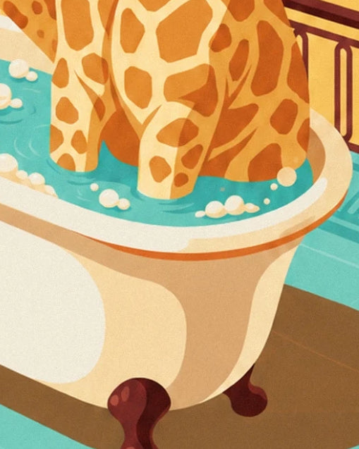 Die gefleckten Beine der Giraffe in einer cremefarbenen Badewanne, zwischen türkisem Wasser und Schaum