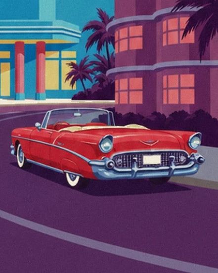 The red convertible with silver chrome in front of the façades and palm trees of Ocean Drive