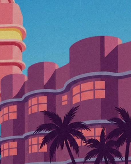 The mauve façade with rounded curves and orange windows behind the palm trees