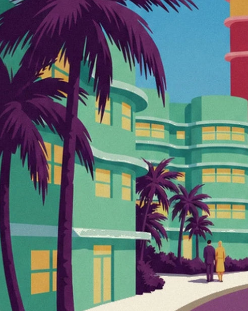 Mint-green façades, tall palm trees and the 2 people walking along the pavement