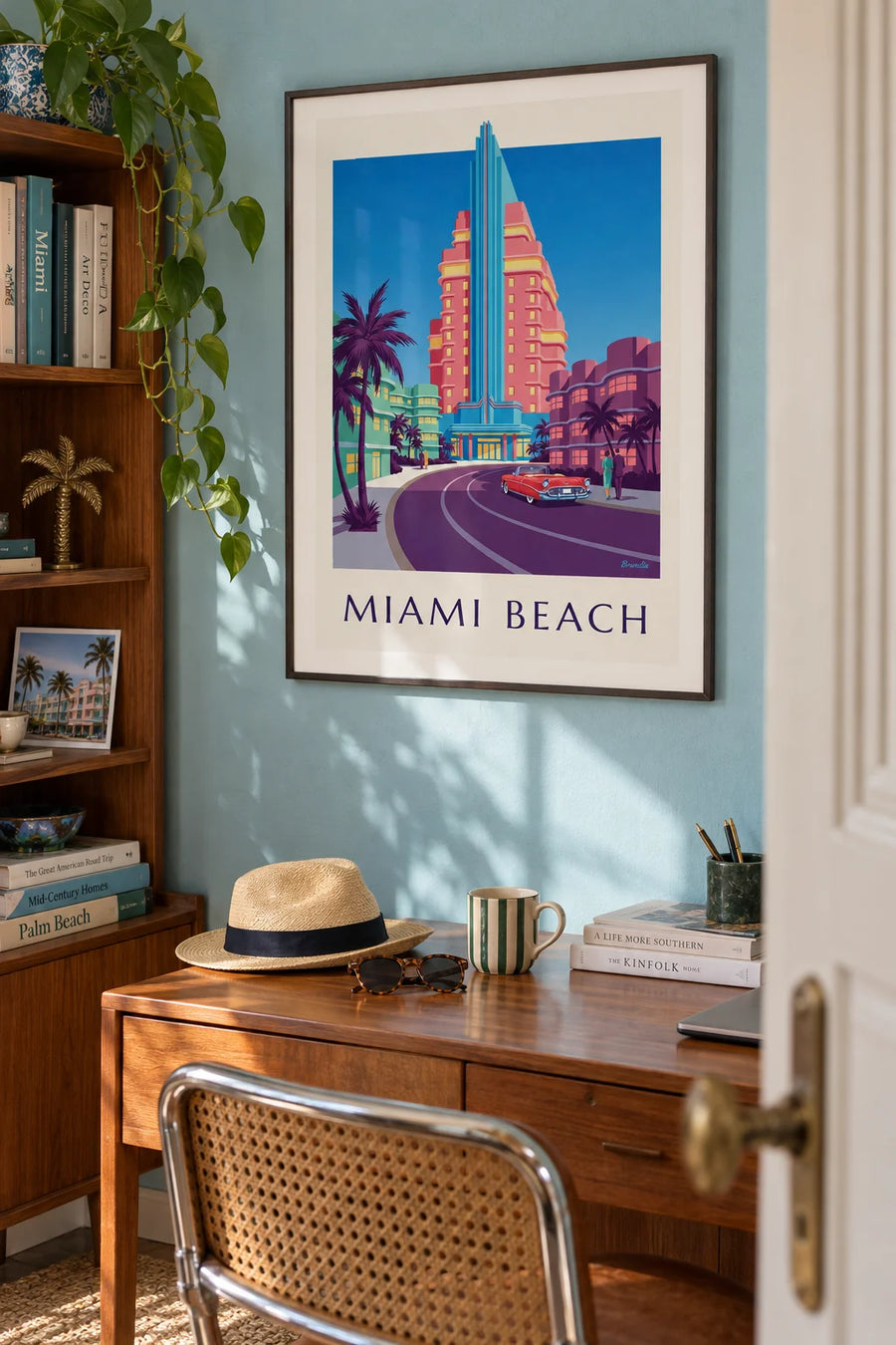 Poster of Ocean Drive façades in Miami Beach at blue hour: framed on the wall