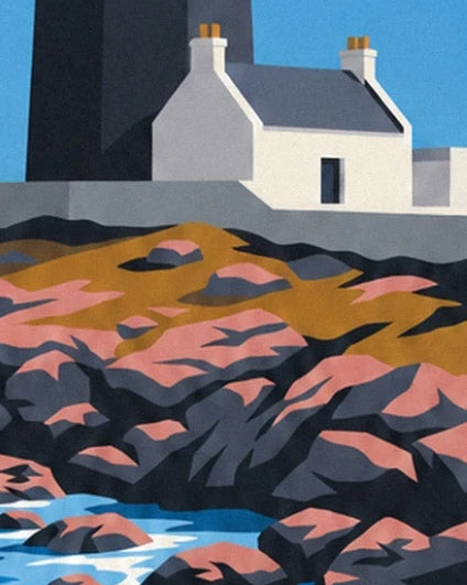The white house with 2 chimneys at the foot of the lighthouse, among the pink rocks