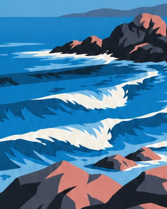 Blue waves with white crests between the pink and dark rocks of Ouessant