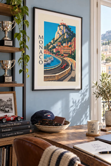 Poster Rennwagen des Grand Prix von Monaco am Hafen: gerahmt an der Wand