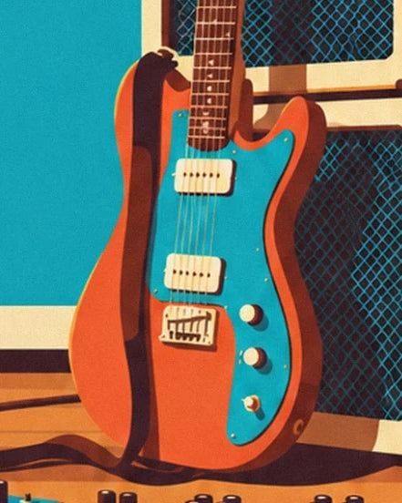 Die orangefarbene Gitarre mit türkisfarbenem Schlagbrett, zwei cremefarbenen Tonabnehmern und dunklem Gurt
