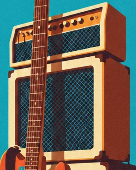 Der cremefarbene und braune Verstärker mit blauem Lautsprechergitter hinter dem Gitarrenhals