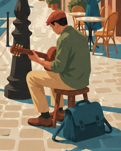 Le guitariste en veste verte sur son tabouret, son sac bleu à ses pieds