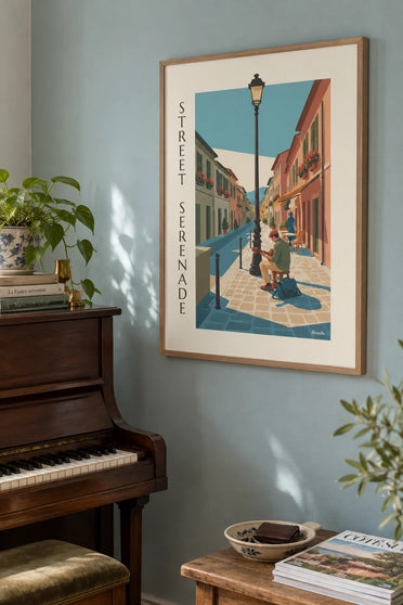 Poster Straßengitarrist in einer Kopfsteinpflastergasse: gerahmt an der Wand