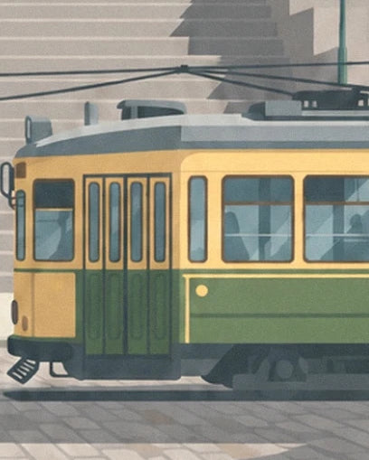 Le tramway jaune et vert, ses portes vitrées et son pantographe sous les câbles