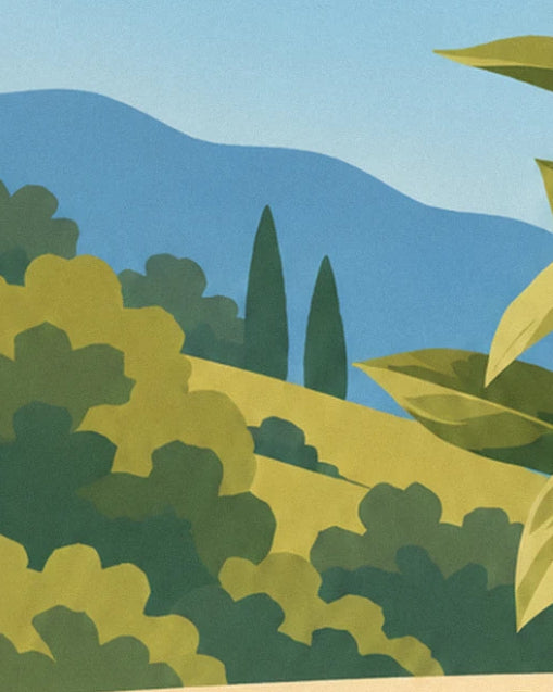 A wooded hill with 2 cypresses, in front of the blue mountains