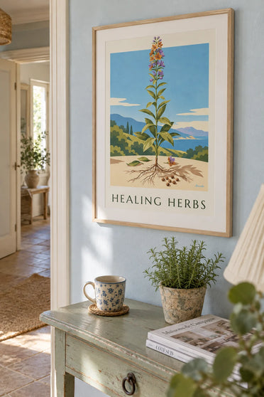 Affiche herbarium, planche de plante médicinale : encadrée au mur