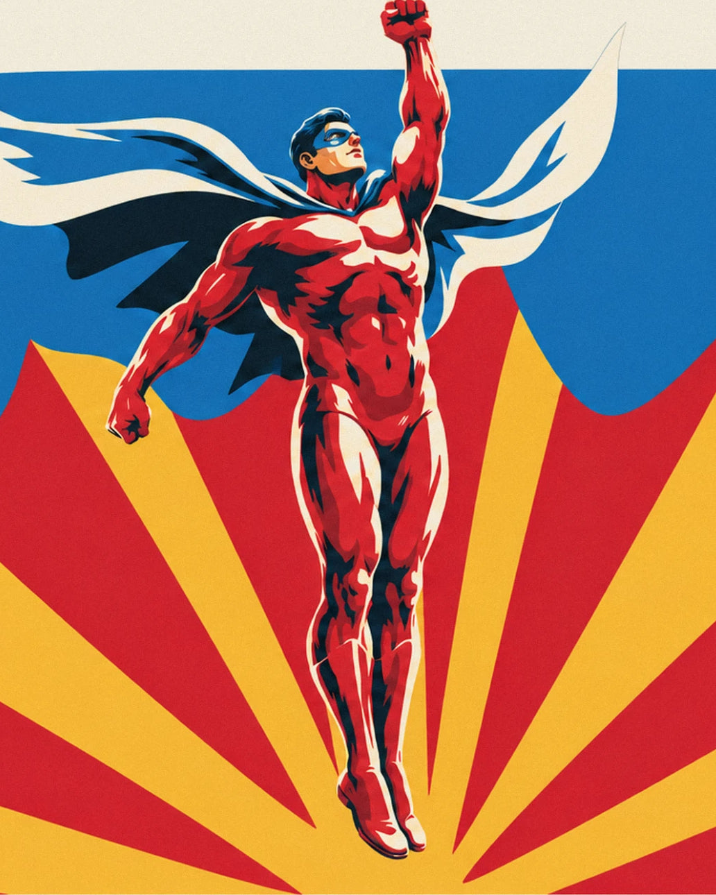 The superhero in a red suit, with a raised fist and pale cape against a background of radiating rays
