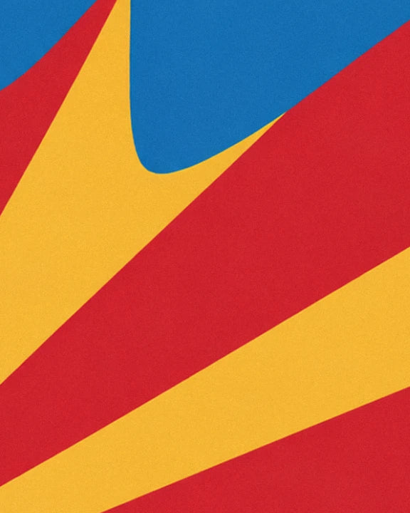 Red and yellow rays beneath a broad blue curve