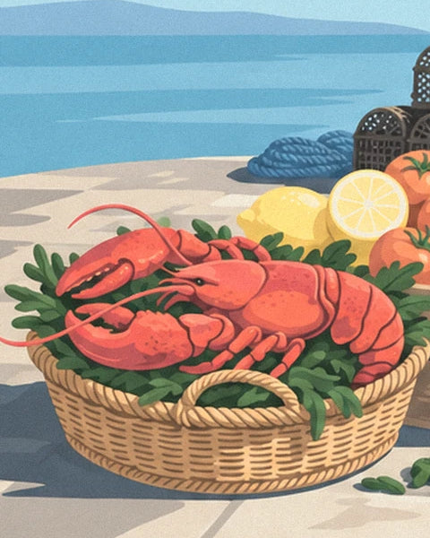 The red lobster on a bed of parsley in a wicker basket, with lemons and tomatoes