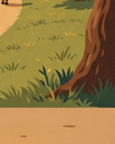 The base of a brown tree trunk, bordered by tufts of grass and an ochre path