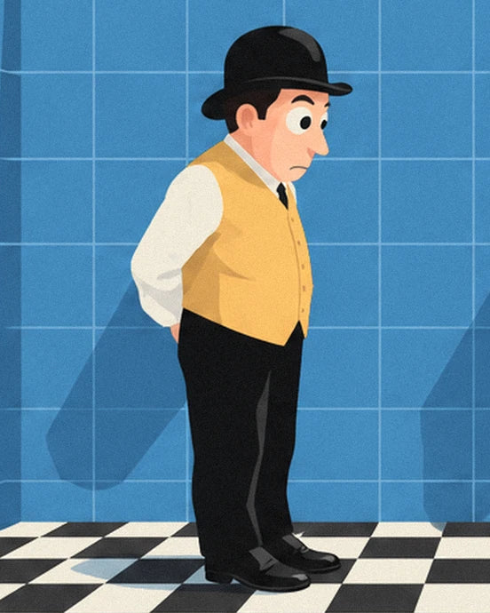 The gentleman in a bowler hat, yellow waistcoat and black trousers in the toilets
