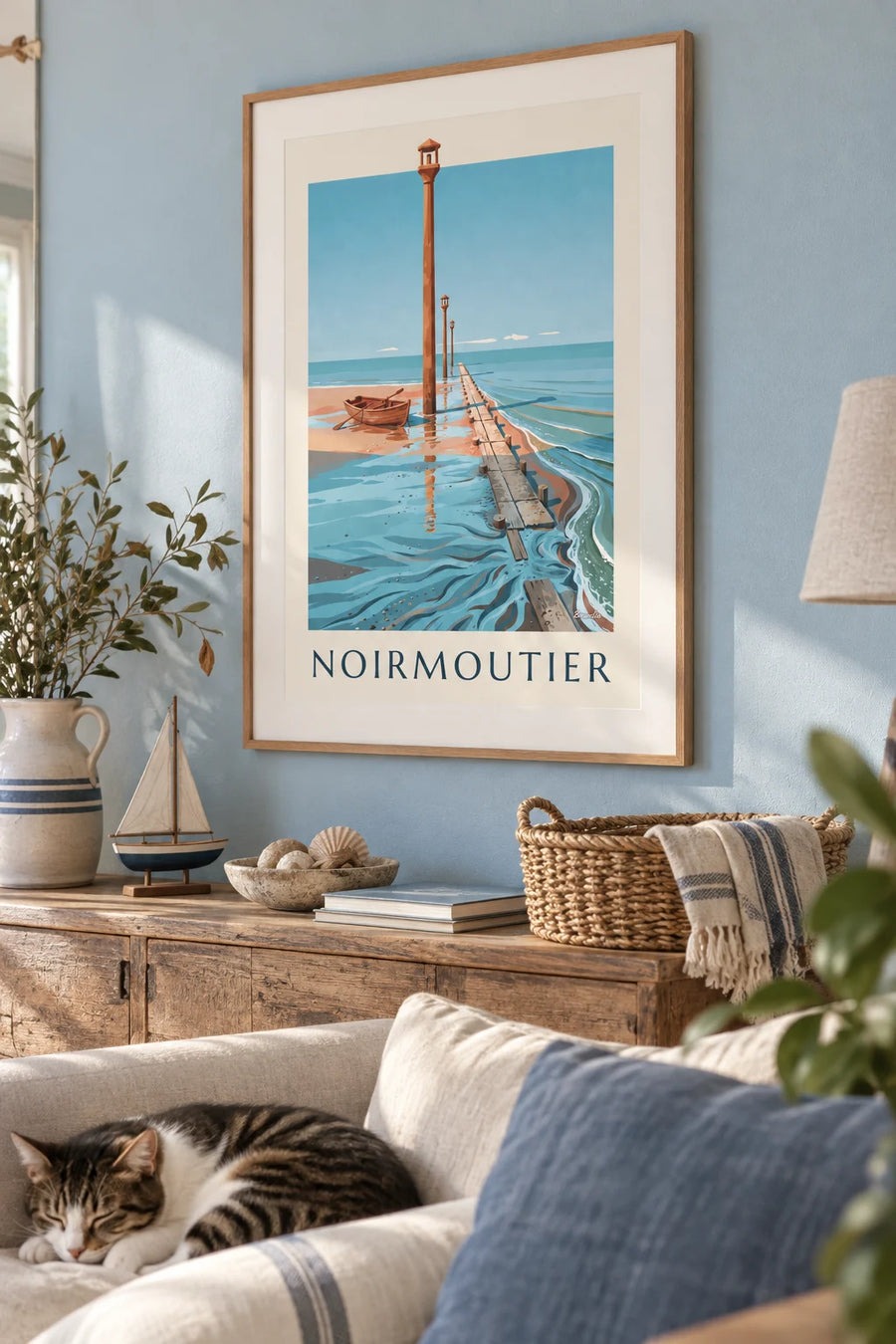 Affiche passage du Gois et barque à Noirmoutier à marée basse : encadrée au mur