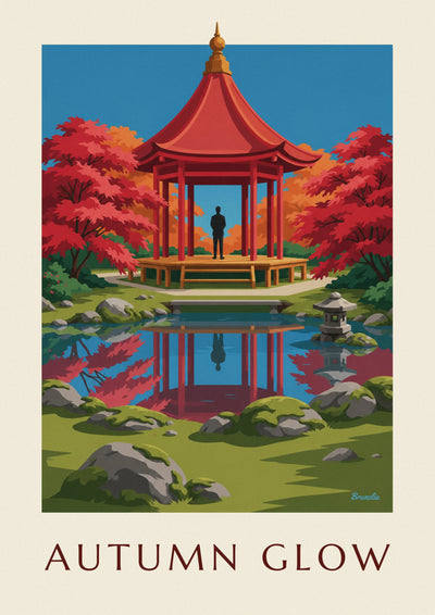 Poster of a red pavilion and autumn maples in a Japanese garden: the full poster