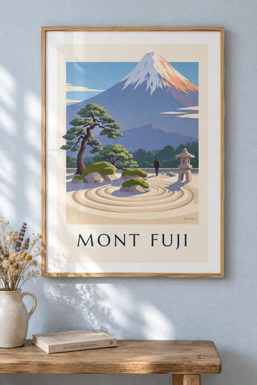 Poster japanischer Zen-Garten vor dem Fuji: gerahmt an der Wand