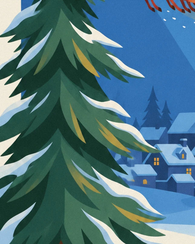 A tall snow-covered fir tree, with the lit windows of the village houses behind