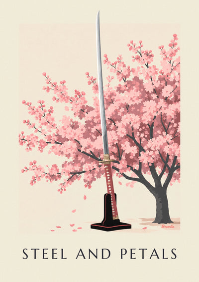 Affiche sabre katana et cerisiers japonais en fleurs : l'affiche entière
