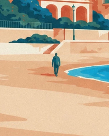 Un promeneur sur le sable, près de l’eau turquoise et d’un escalier bordé de murets