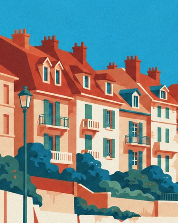 Les villas aux toits rouges et aux volets verts, derrière les buissons et un réverbère