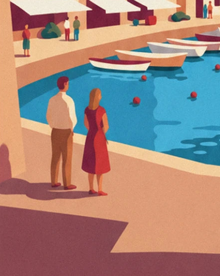 Un couple sur le quai, lui en chemise claire, elle en robe rouge, face aux barques