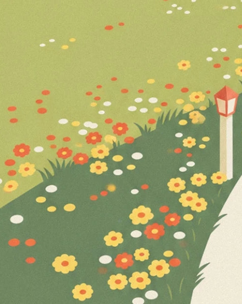 The red, yellow and white flowers beside the road and a roadside marker with a red top