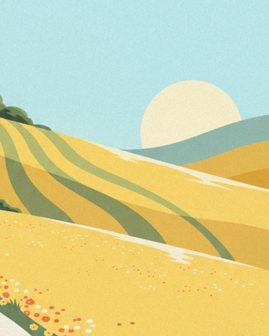 The pale sun behind the hills with yellow and green bands