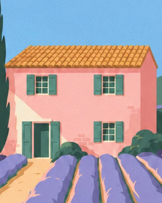 The pink house with green shutters and a tiled roof, bordered by lavender