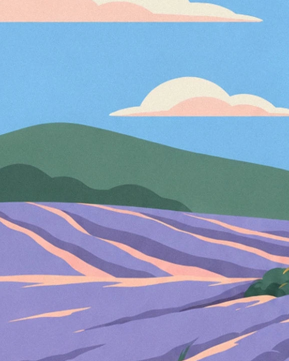 Rows of lavender at the foot of green hills beneath a cloudy blue sky