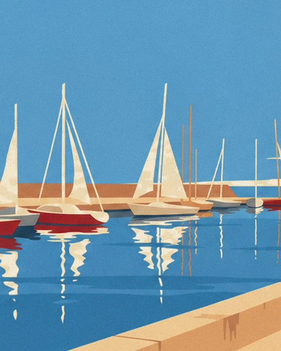 White sailing boats with red and pale hulls, and their reflections in the harbour