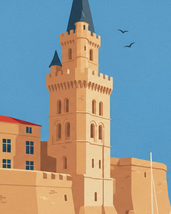 The tour de la Lanterne in golden stone, with its battlements and tall dark spire
