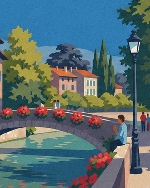 Un homme en chemise bleue assis sur le parapet, près du lampadaire et du pont aux fleurs rouges