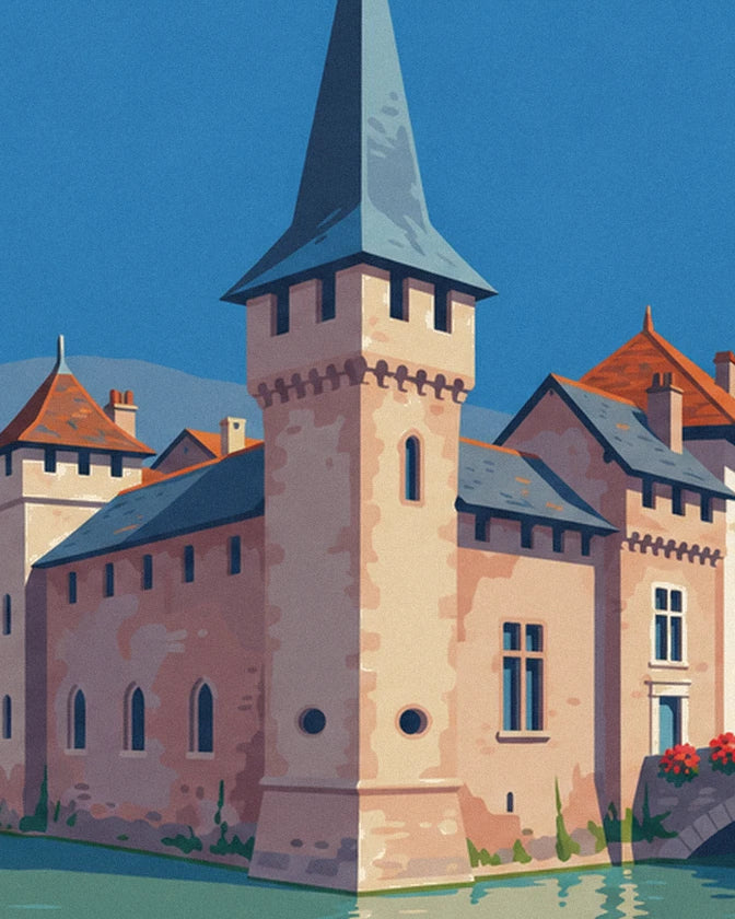 Le palais de l'Isle et sa haute tour à toit d'ardoise bleue, en pierre rose sur l'eau