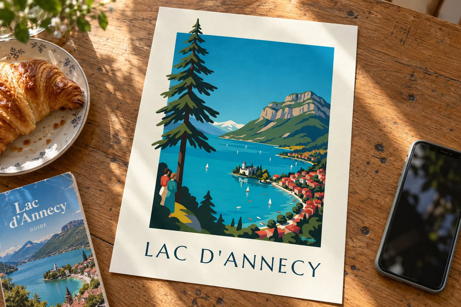 Affiche lac d'Annecy dans les Alpes, voiliers et Tournette : posée sur une table