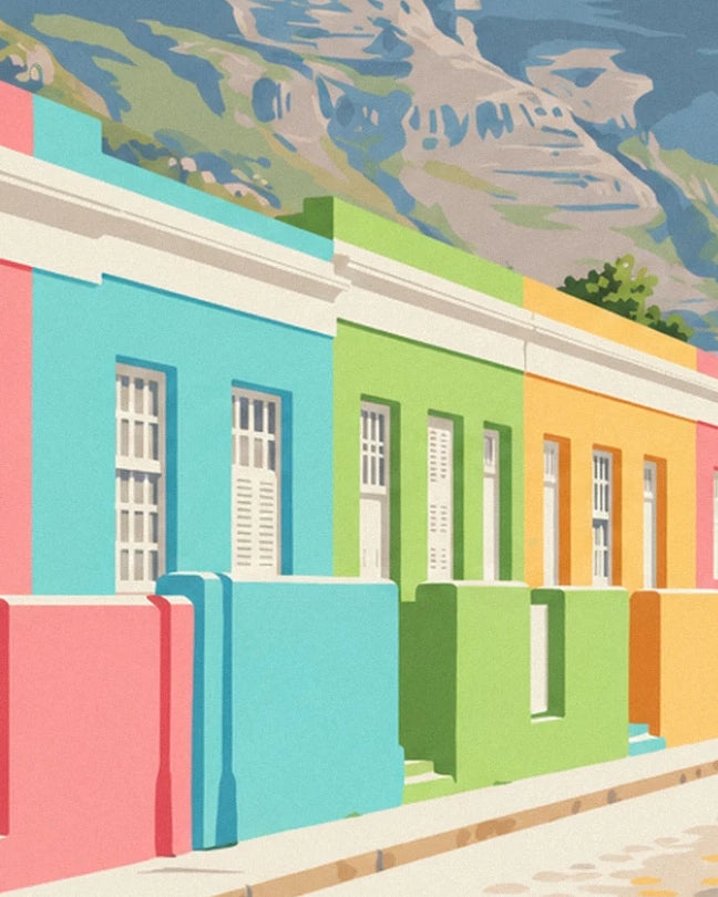 The turquoise, green and yellow façades of Bo-Kaap at the foot of the mountain