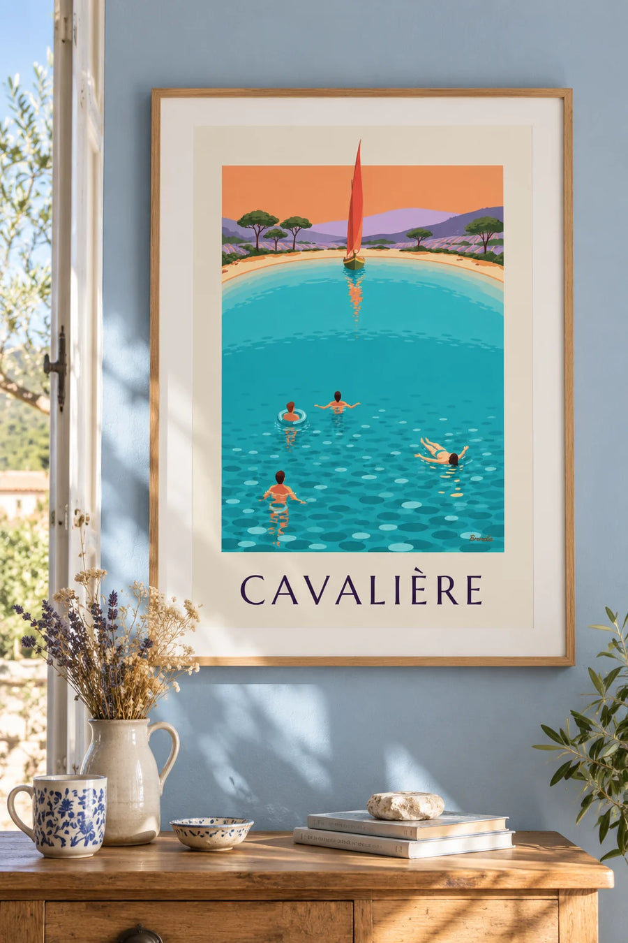 Affiche plage et pins de Cavalière au Lavandou au coucher du soleil : encadrée au mur