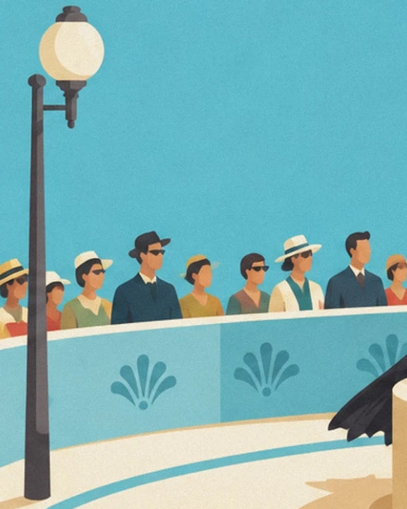 Le lampadaire à globe blanc et les spectateurs en chapeaux et lunettes noires, derrière la balustrade