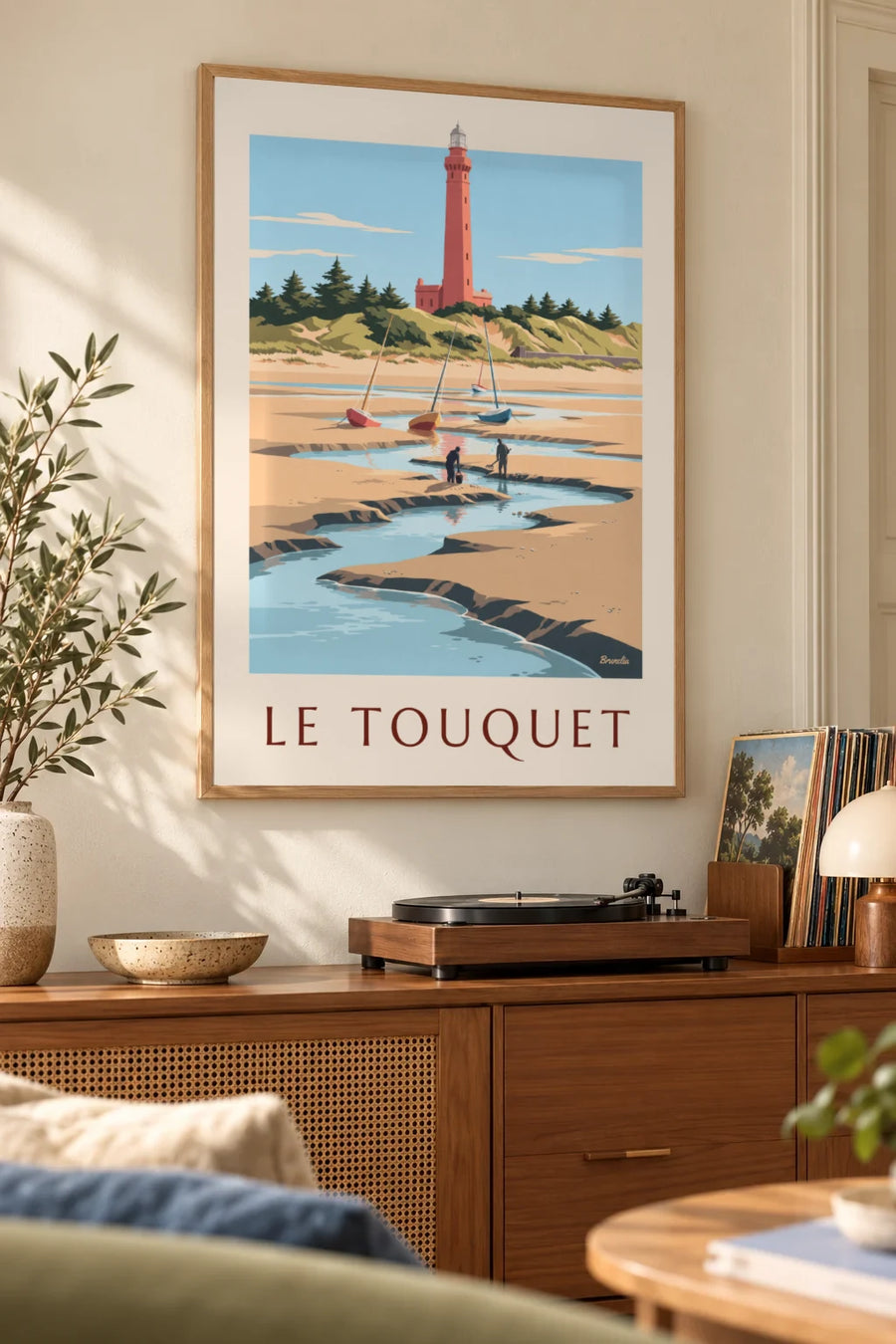 Affiche phare du Touquet et pêcheurs à pied dans la baie de Canche : encadrée au mur