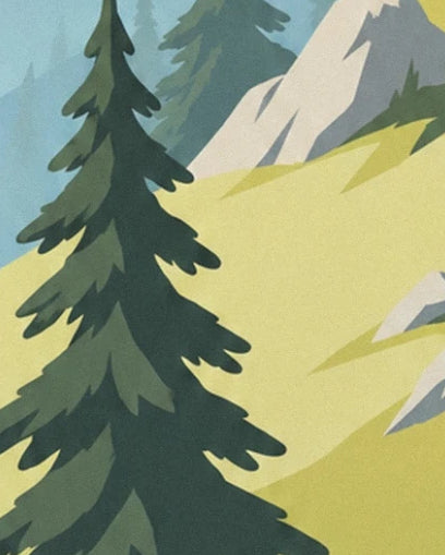 Eine hohe dunkelgrüne Tanne an einem gelb-grünen Hang, übersät mit grauen Felsen