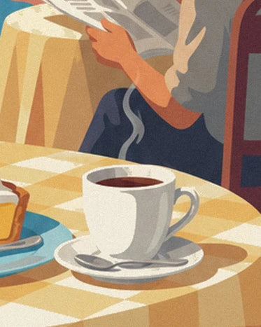 Une tasse de café fumant sur la nappe à carreaux jaunes, et un lecteur de journal