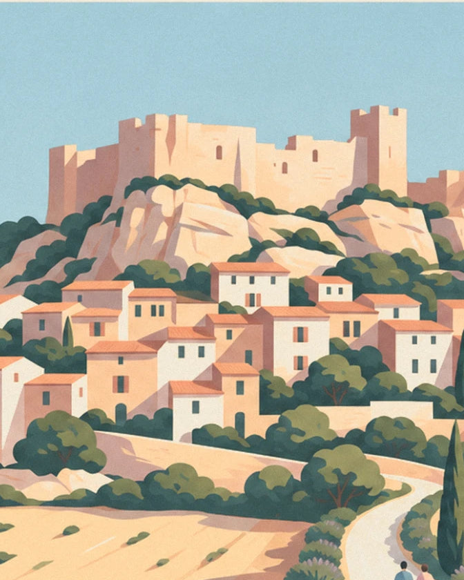 The ruined castle on its rocky outcrop and the village houses with orange roofs